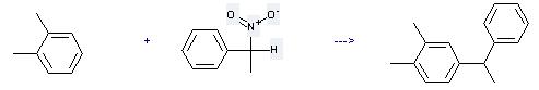 Benzene,1,2-dimethyl-4-(1-phenylethyl)- can be prepared by (1-nitro-ethyl)-benzene and 1,2-dimethyl-benzene at the ambient temperature
